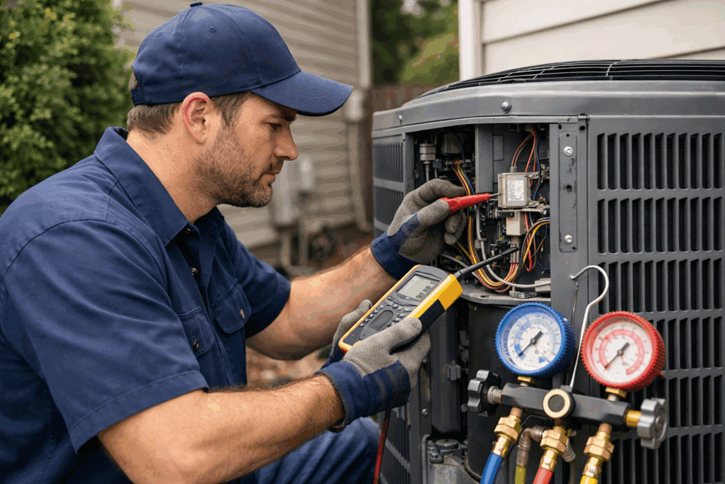 HVAC maintenance in Panama City technician inspecting system