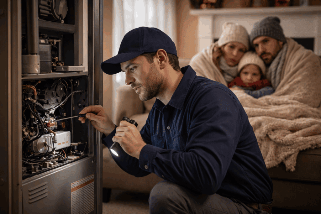 Heater Repair in Panama City technician helping a family stay warm