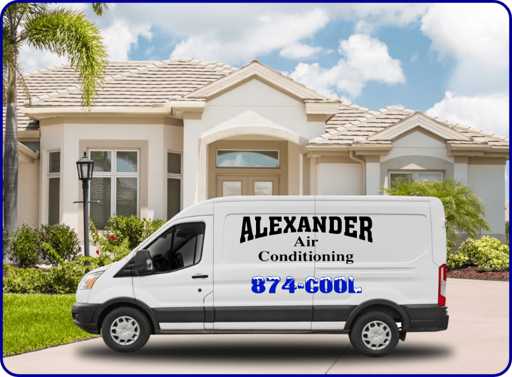 Alexander Air Conditioning service van at residential home in Panama City, Florida.